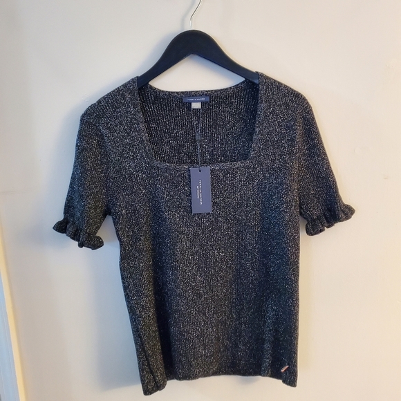 Tommy Hilfiger Womens Black Metalic Sweater M Ruffle Shirtsleeves - Picture 1 of 8